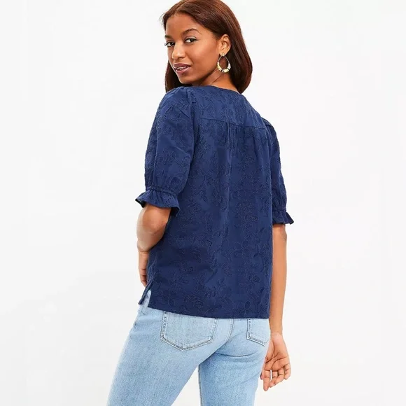 LOFT Women’s Embroidered Puff Sleeve Top-Sailor Navy-Size Small - Picture 7 of 7